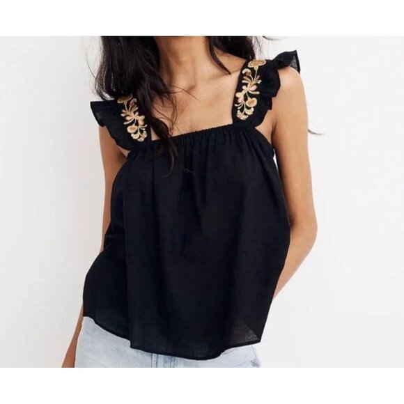Madewell Swing Blouse Elasticized Square Neck Floral Embroidered Ruffle Straps 2 - Picture 1 of 9
